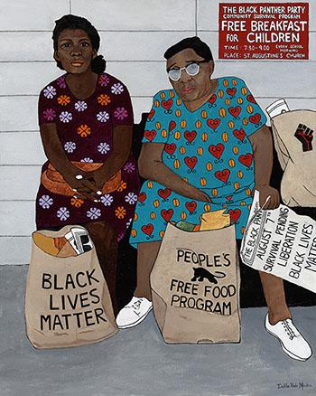 Illustration of Two Women Sitting Down with Bags of Groceries at their Feet. Courtesy of BFI&#039;s website. 