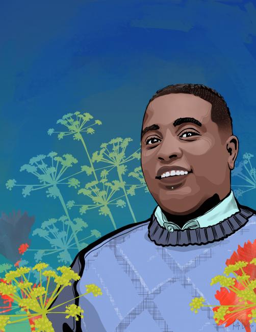 An illustration of Michelle Walker, a Black woman who has a tight fade haircut and braids, and is wearing a blue sweater and button up. Long-stemmed flowers of various colors surround her with a blue-green gradient background.