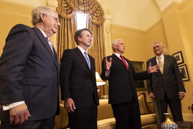 Mitch McConnel, Brett Kavanaugh,Mike Pence, and another guy standing for a photo