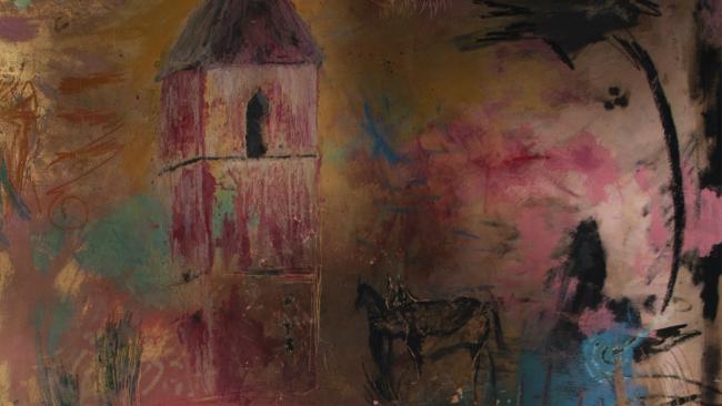 Dark abstract expressionist painting of a church steeple and horse