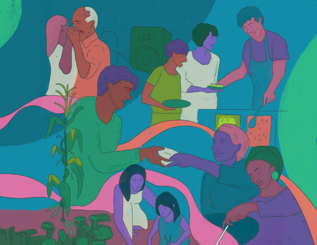 People dancing, cooking, and serving food