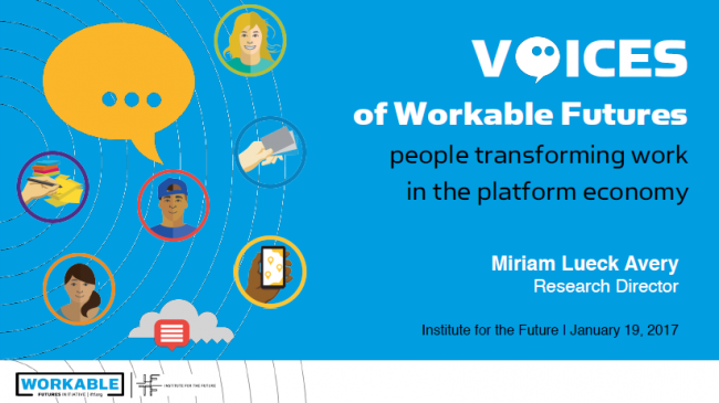 Promo card for event with blue background and white text that says "Voices of Workable Futures"