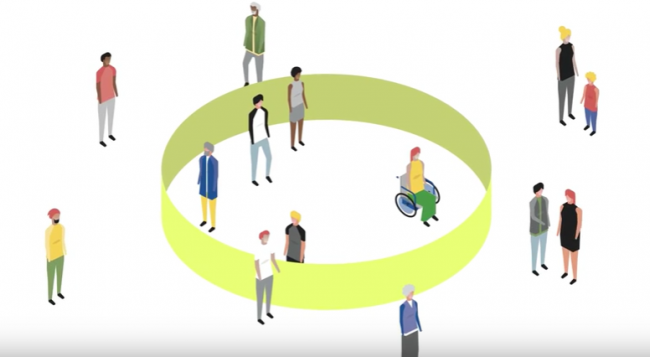 An illustration of green circle encompassing some people while some stand outside. There are parents with children, elderly people of color, people in wheelchairs, and so on.