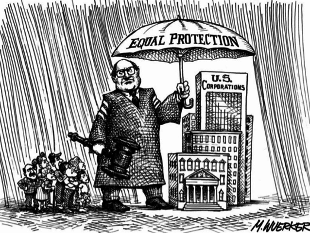 A cartoon of a person holding an umbrella over corporate building while it rains over everyday people.