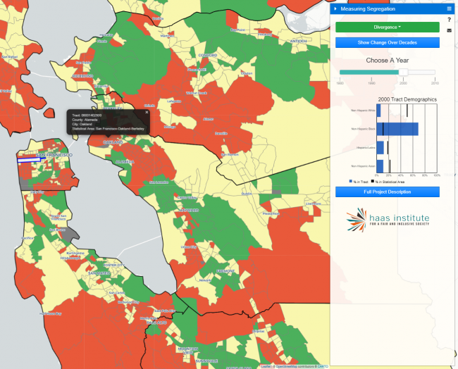 An image grab from an interactive map shows an overview of the segregation levels in the bay area