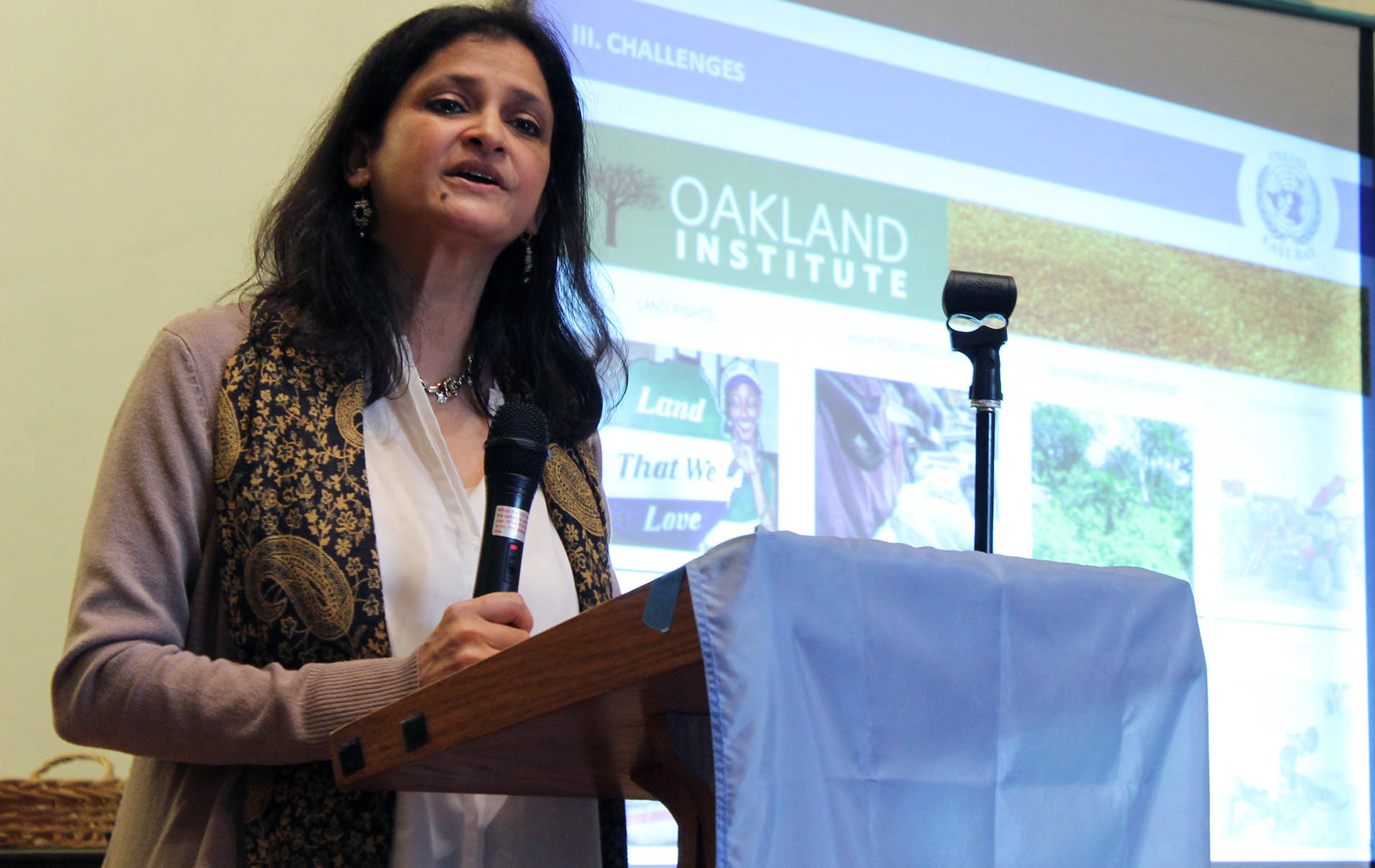 Anuradha Mittal of the Oakland Institute speaks at the United Nations Association forum in Berkeley on food as a human right.