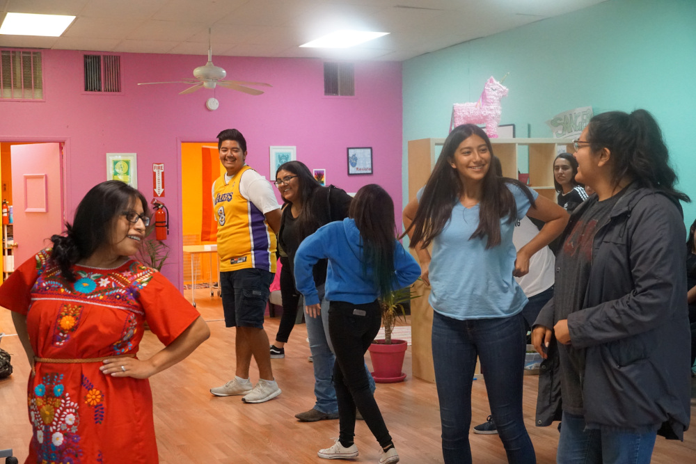 Oaxacan dance workshop in Sanger, California. This was one part of a Cultural Ambassadors Get Out The Vote project led by 99Rootz fellows Yenedit Valencia and Jazz Diaz. Photo by Pacita Rudder, 2018.